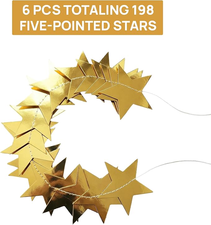JOYIT 78ft Gold Star Garland – 6 Pack Shiny Party Decorations Banners for Birthday, Wedding, Baby Shower, Graduation & Holiday Backdrops (Gold Star)