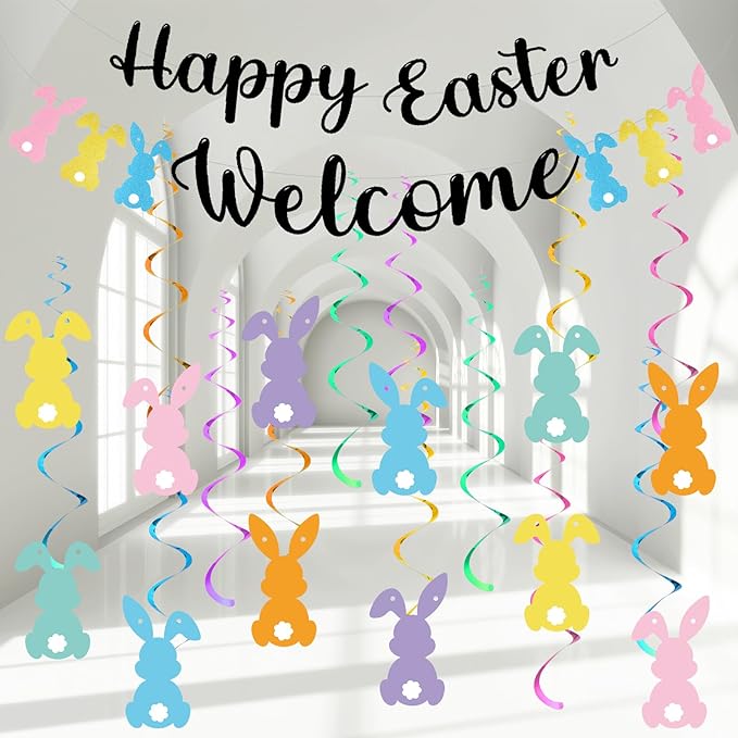 Easter Hanging Swirl Decoration 26 Pcs Easter Decoration Happy Bunny Hanging Swirl Foil Banner Garland Bunny Party Decorations Glitter Colorful Cute Party Ornaments for Ceiling Home Office Wall