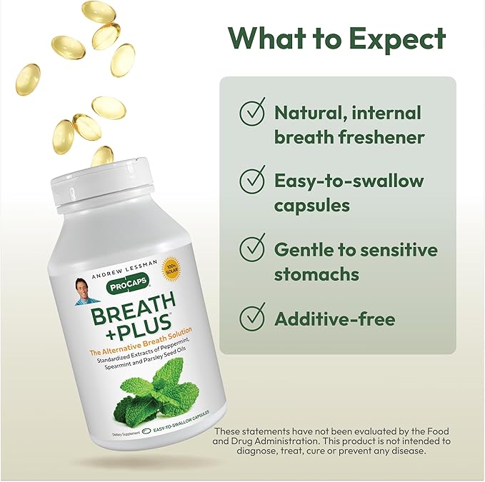 ANDREW LESSMAN Breath Plus 720 Softgels - Natural Breath Freshener, Helps Eliminate Odors from Food, Smoking, Morning Breath from The Inside Out. Peppermint, Spearmint. Easy to Swallow Softgels