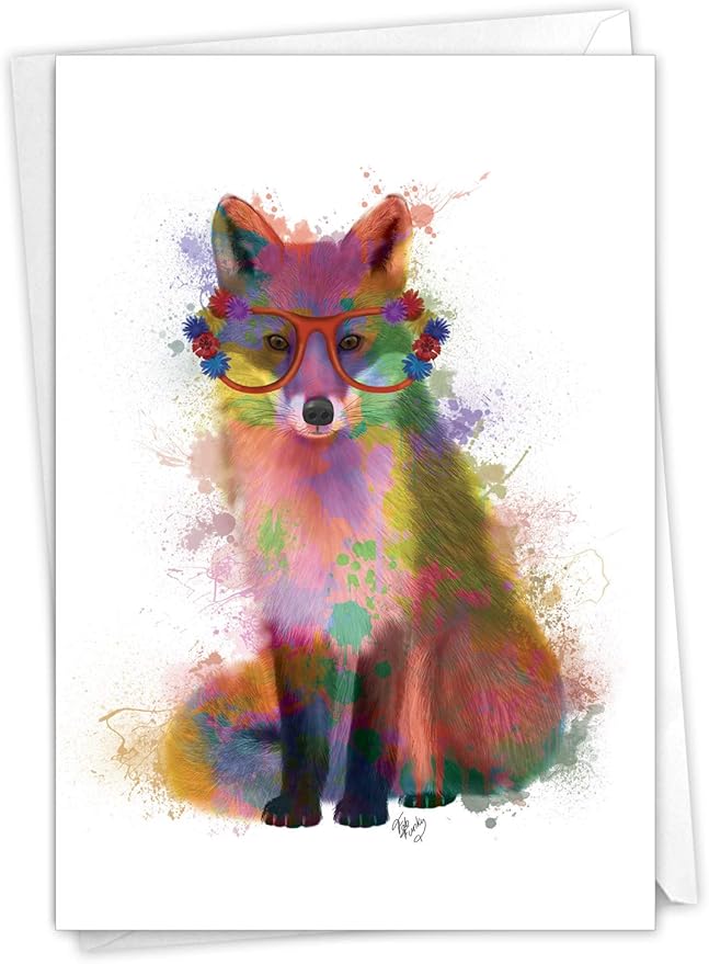 The Best Card Company - 1 Happy Birthday Card with Envelope - Adorable Colorful Animals, Fun Notecard - Funky Rainbow Wildlife Fox C4948ABDG