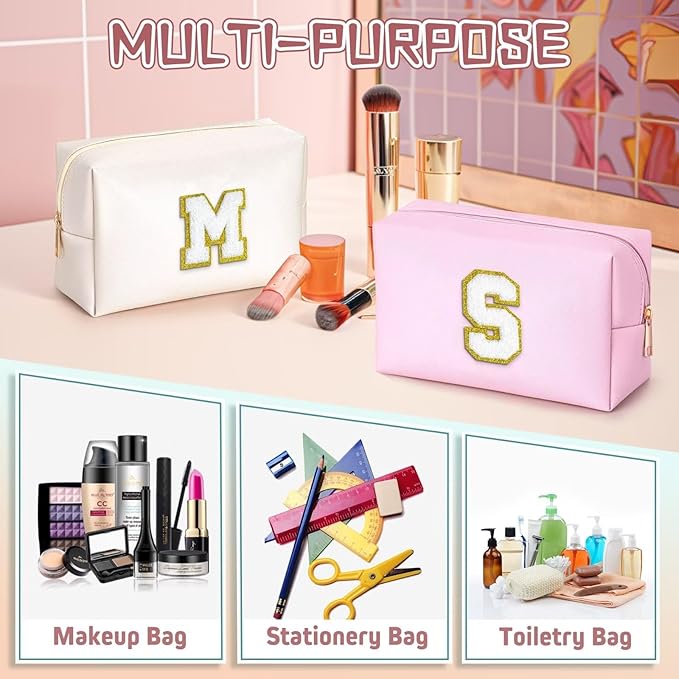 TOPEAST Initial Cosmetic Bag, PU Leather Waterproof Travel Toiletry Bag, Monogrammed Gifts for Women, Personalized Birthday Gift for Sister Friends, Cute Stuff for Girls (White K)
