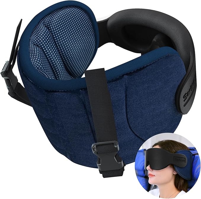 SARISUN Travel Pillows for Airplanes, Airplane Pillow for Long Flight, Airplane Head Strap with Sleep Eye Mask, 360° Support Headrest for Car Trip, Travel Essentials Stop Bobblehead, Mottled Blue
