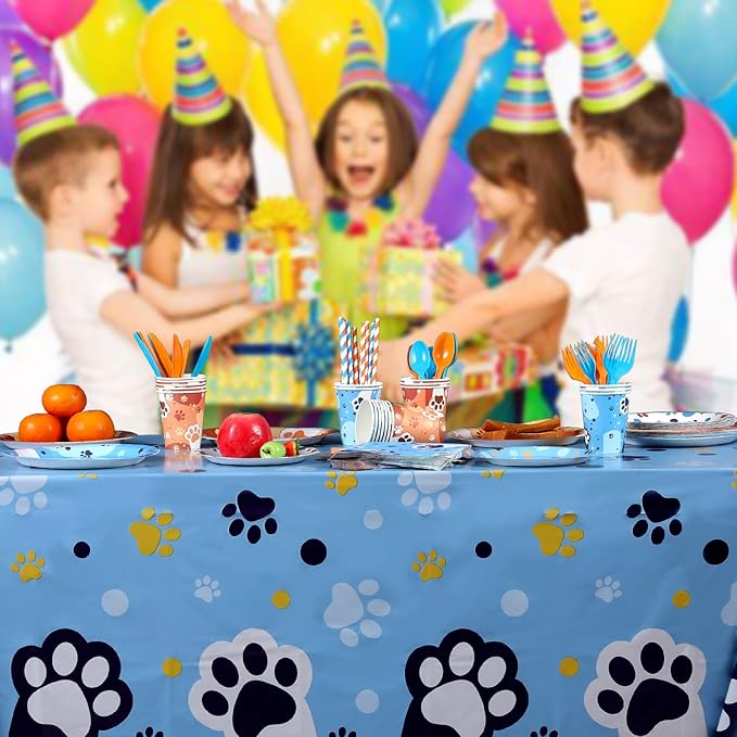Cute Blue Dog Birthday Party Supplies Serves 20 Guests, 161CT Blue&Orange Dog Paw Print Party Dinnerware Dcorations, Pretty Puppy Plate, Tablecloth, Napkin, Cup for Birthday, Kids’Party, Baby Shower