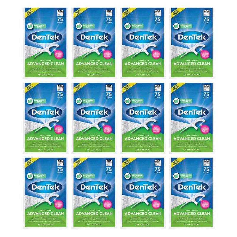 DenTek Advanced Clean Triple Clean Floss Picks, Mouthwash Blast, Dental Flossers for Plaque Removal, No Break No Shred Floss, Oral Care, 75 Count (Pack of 12)