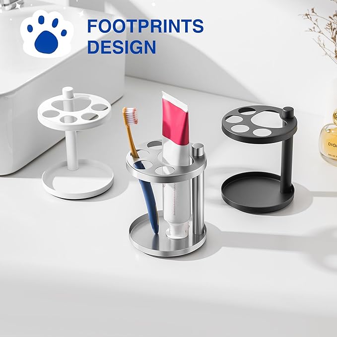 Stainless Toothbrush Holder Stand for Bathroom: Stainless Steel Ventilated Organizer with Slots for Electric Toothbrushes, Toothpaste, Razors & Small Comb, Unique Footprint Base Design, Brushed Silver