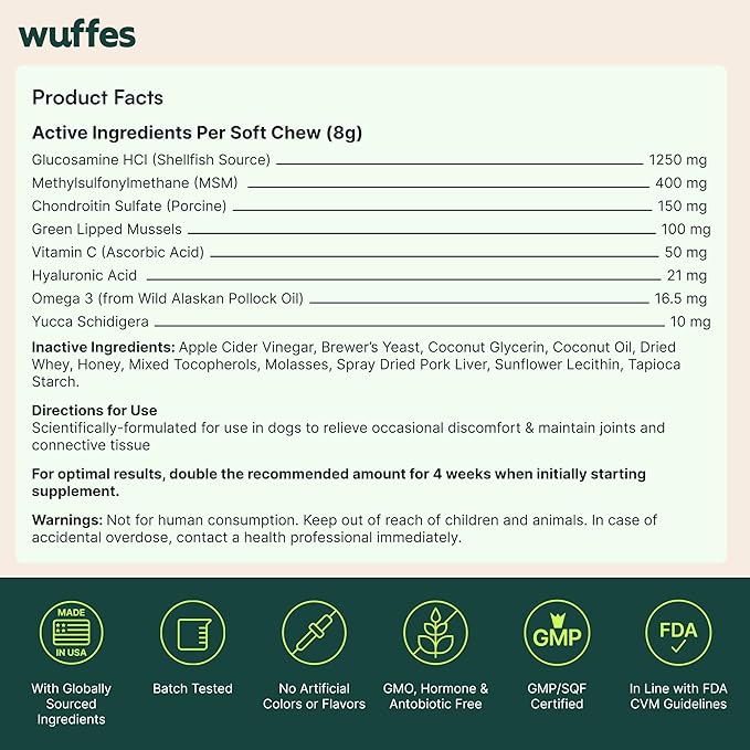 Wuffes Advanced Dog Hip and Joint Supplement with Glucosamine, Chondroitin, Omega 3, MSM, and Green Lipped Mussel, 30 Pork Flavored Chews for Large Dog Breeds