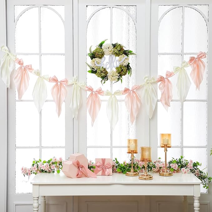 VitalCozy 1 PCS White Pink Bow Garland Banner, Satin Ribbon Hanging Party Bow Garland Decoration for Birthday Baby Shower Wedding Party Supplies