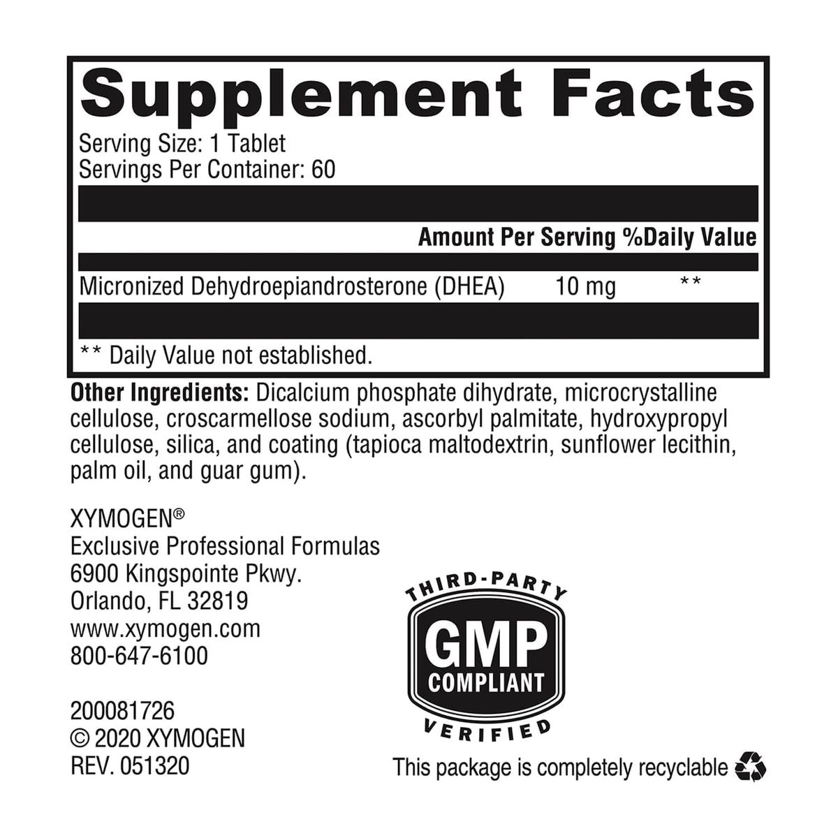 XYMOGEN DHEA Micronized - 10 mg Dehydroepiandrosterone - Androgen and Estrogen Support - Gluten-Free, Soy Free & Dairy Free - 60 Tablets