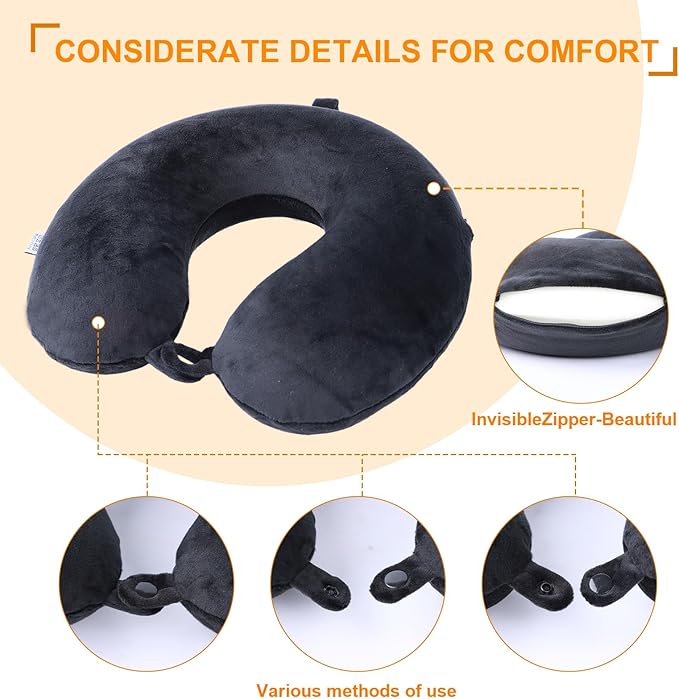 Travel Pillow,100% Pure Memory Foam U Shaped Neck Pillow,Super Lightweight Portable Headrest Great for Airplane, Car,Home,Office,Sleeping Rest (Black)