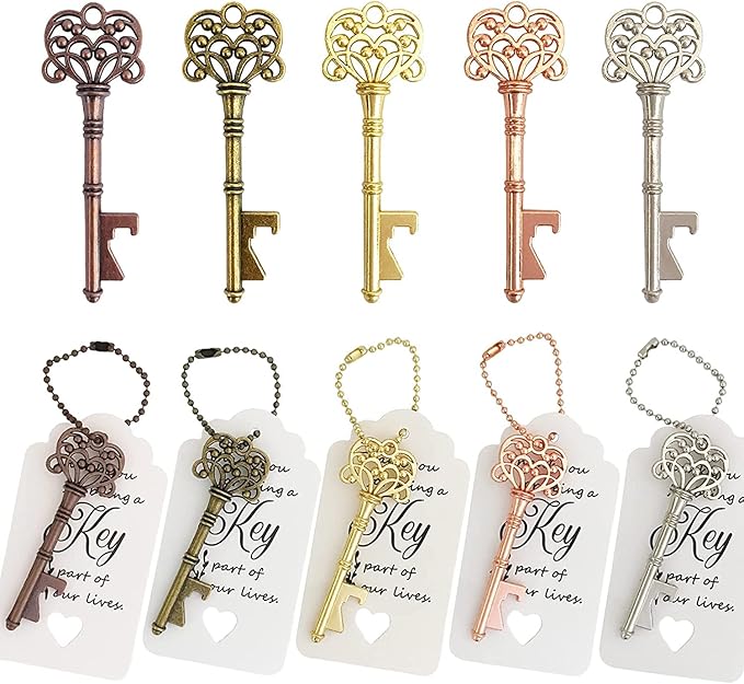 WODEGIFT 100 PCS Wedding Favors Key Bottle Openers,Bridal Shower Party Favors,Vintage Skeleton Key, Rustic Wedding Favors Decoration (5 colors mix and match)