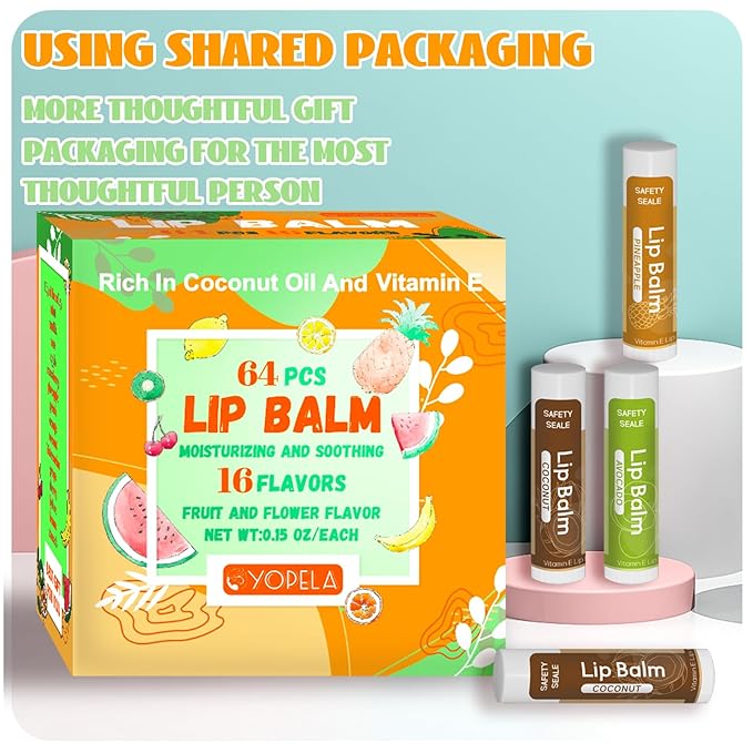 64 Pack Natural Lip Balm Bulk with Vitamin E and Coconut Oil - Moisturizing Dry Cracked Lips, Mini Chap Stick Gifts for Kids Women Men- 16 Flavors - Non-GMO