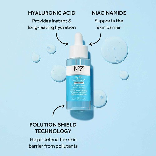 No7 HydraLuminous+ 2% Hyalyronic Acid Serum, Day Cream and Night Gel Moisturizer - Hyaluronic Acid and Vitamin B3 to Support Skin Barrier Repair - For Visibly Radiant & Healthier-Looking Skin- 3-Item