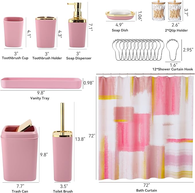 Pink and Gold Bathroom Accessories Set, Bathroom Sets with Shower Curtain, Pink Bathroom Accessories with Trash Can, Soap Dispenser, Soap Dish, Toilet Brush Holder, Qtip Holders for Bathroom