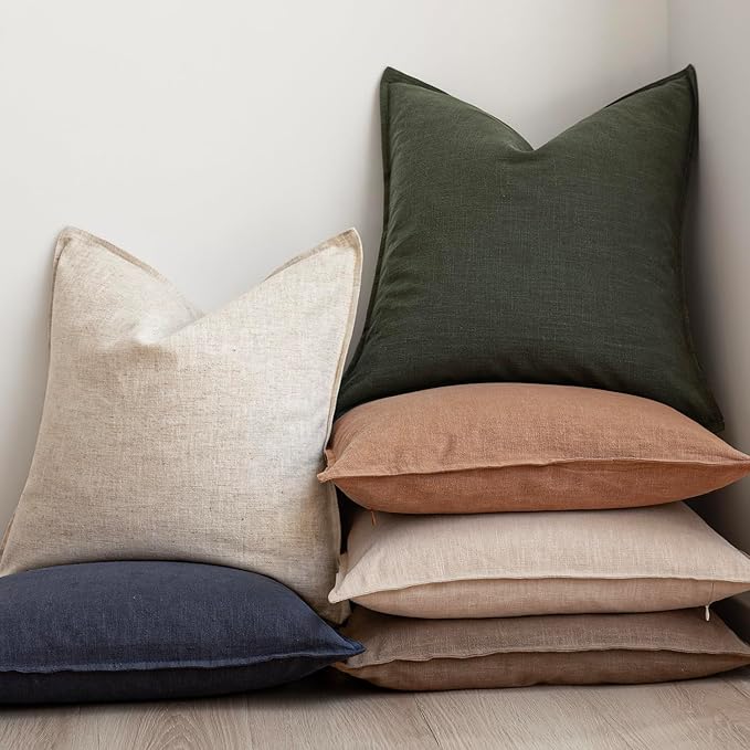 Foindtower Pack of 2, Decorative Linen Solid Throw Pillow Covers Soft Accent Cushion Case Farmhouse Neutral Pillowcase for Chair Couch Sofa Bedroom Living Room Home Decor 18 x 18 Inch Dark Olive Green