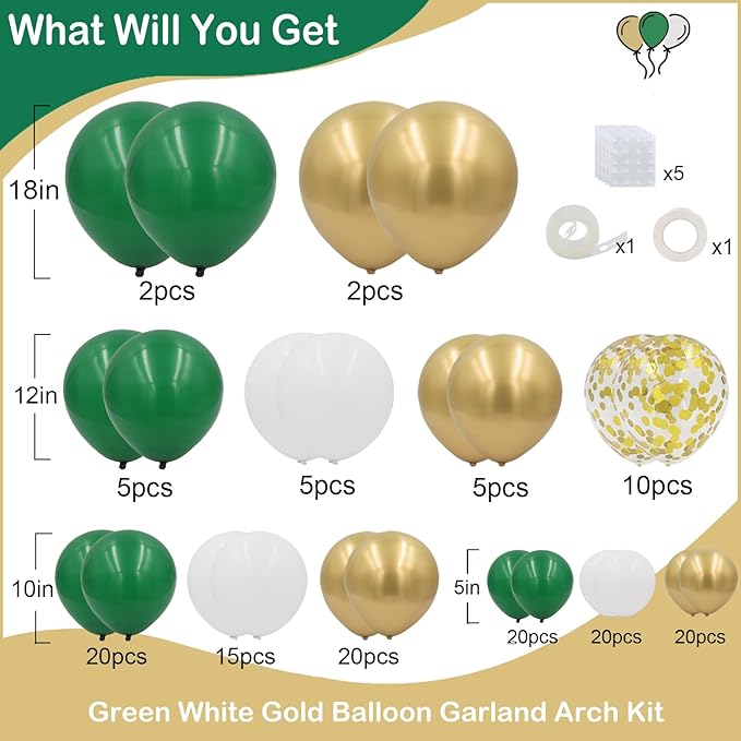 Green and Gold Balloons Garland Arch Kit,144pcs 18/12/10/5inch Emerald Green White Metallic Gold and Confetti Balloon for Birthday Wedding Baby Shower St. Patrick's Day Jungle Theme Party Decoration