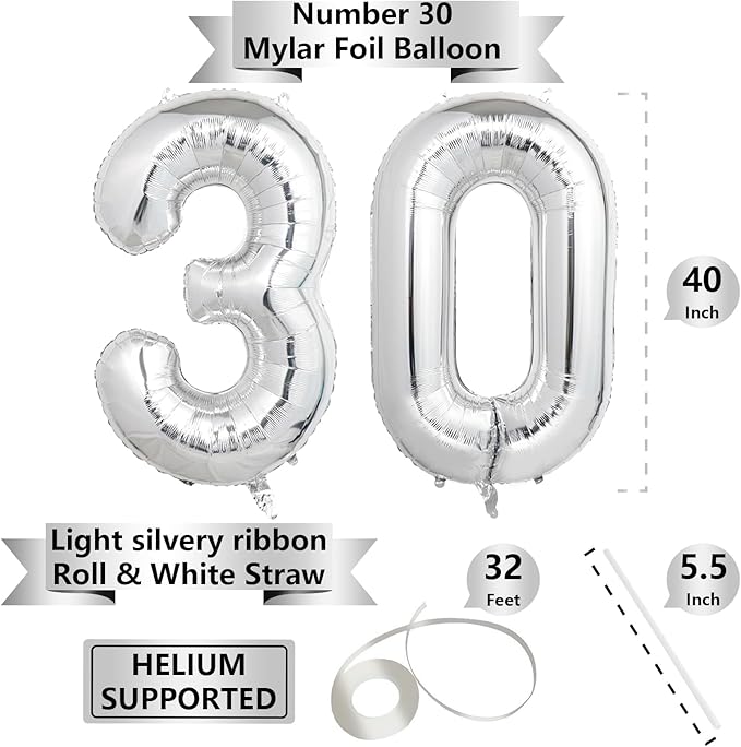 Number Balloons Silver Party Balloon - Giant Number 30 Balloon, 40 Inch Large Balloon for 30th Birthday Decorations, Silver Party Supplies for Anniversary