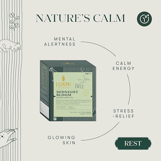 Luxmi Estates Midnight Bloom Organic Jasmine Tea (25 Tea Bags) Mildly Caffeinated Tea Bags For Relaxing, Calming, and Stress Relief, With Certified Organic Darjeeling Makaibari Green Tea