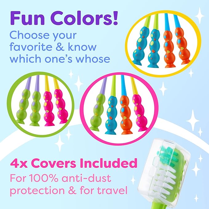 Trueocity Kids Toothbrush 4 Pack - Soft Contoured Bristles - Child Sized Brush Heads (3-10 Year Old) - Suction Cup for Fun & Easy Storage - Girl & Boy Set (Blue & Orange)