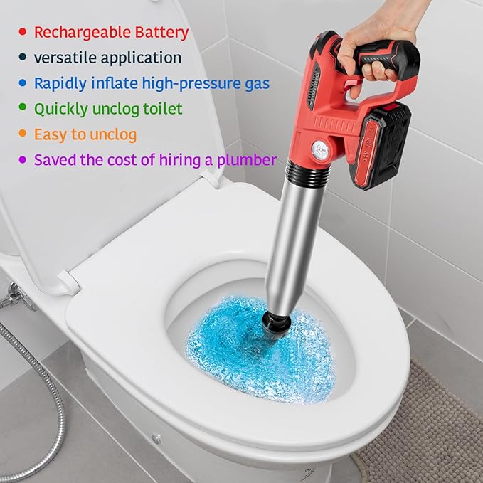 Electric Toilet Plunger With Dedicated Box, Plunger Toilet Can Only Take 2 Mins To Unclog Toilet,Bathroom,Floor Drain,Sewer,Pipe，RED,1 Battery