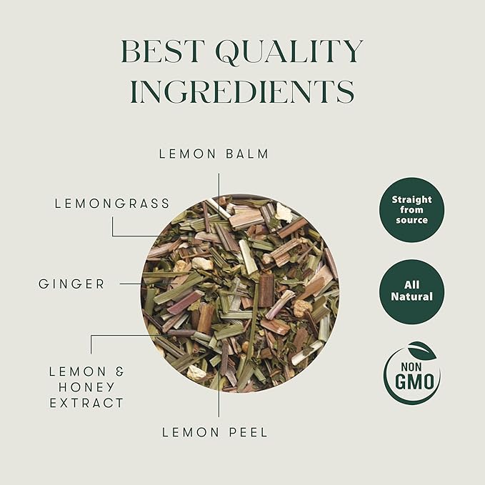 Luxmi Estates Lemon Balm Honey Ginger Loose Leaf Tea, 50 Tea Bags, Organic Herbal Tea, Caffeine Free Tea Bags for Relaxing, Calming, and Stress Relief, With Certified Organic Lemon Balm Tea