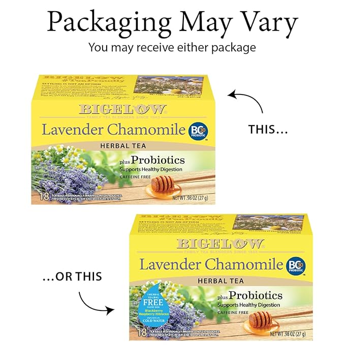 Bigelow Tea Lavender Chamomile Plus Probiotics Herbal Tea, Caffeine Free with Lavender Chamomile, 18 Count Box (Pack of 6), 108 Total Tea Bags