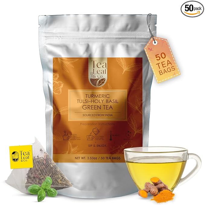 Turmeric Tulsi Tea Bags (50 Count), Green Tea with Turmeric & Peppermint, Stress Relieving, Low Caffeine Gluten Free, Whole Loose-Leaf Pyramid Tea Bags