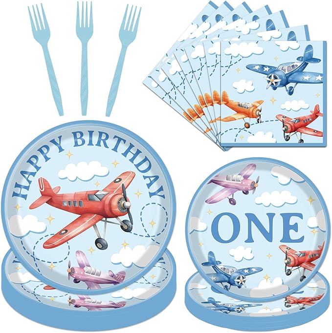 Rakuto Airplane 1st Birthday Party Decorations, 96PCS Time Flis Disposable Paper Plates and Napkins Decorations, Airplane First Birthday Forks Decor Supplies for One Years Old Boys Girls Serve 24