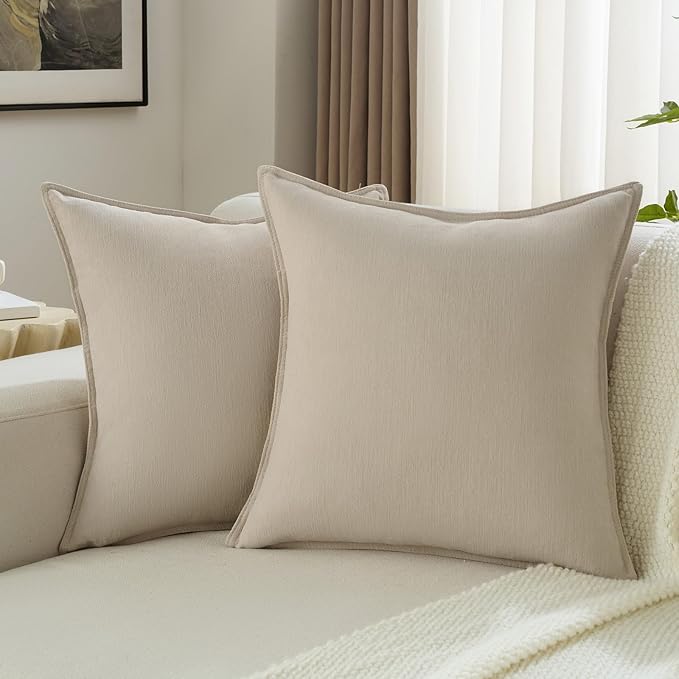 FUTEI Beige Chenille Throw Pillow Covers 18x18 Inch Set of 2,Edges Double-Stitched Cushion Cases,Modern Home Decor for Couch Living Room