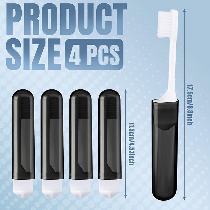 Patelai 4 Pieces Travel Toothbrush Set, Soft Bristle Mini Foldable Tooth Brush with Case, Individually Wrapped Small Portable Travel Size Toiletries Stuff for Camping (Black)