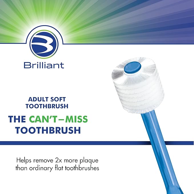 Brilliant Oral Care Adult Toothbrush with Soft Bristles, Round Head, and All-Around Clean for Teeth and Gums, Assorted Colors, 3 Pack