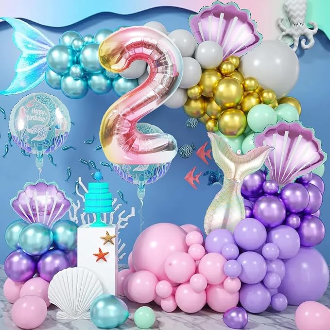 Mermaid Birthday Decorations Mermaid Balloons - Number 2 Balloons for Girls Under The Sea Mermaid Theme Baby Shower Birthday Favors