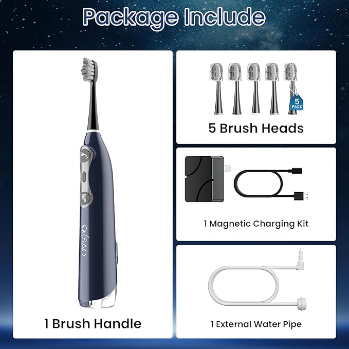 3-in-1 Flossing Toothbrush-Flosses, Vibrates and Oscillates, Electric Toothbrush with Water Flosser Equipe 5 Brush Heads, Plaque Removal for Sensitivity, Braces-Blue