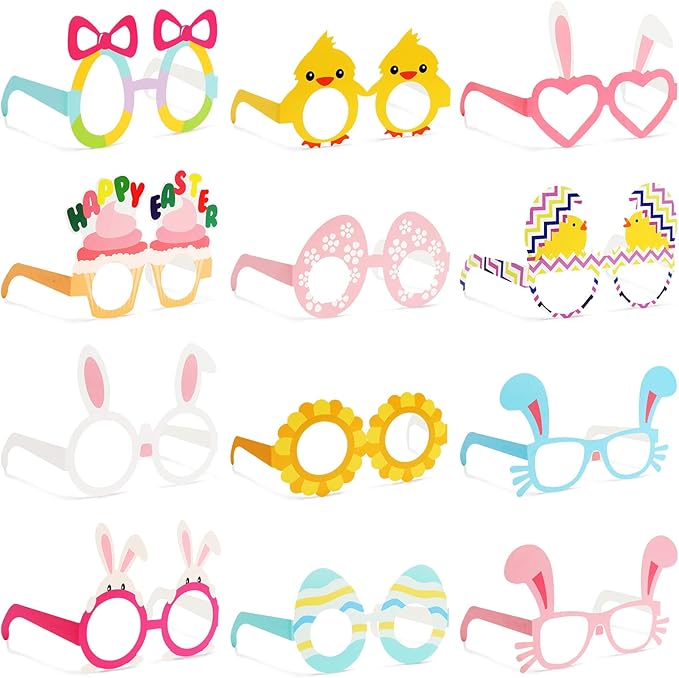 BigOtters 12PCS Easter Party Glasses, Funny Bunny Ears Paper Glasses for Kids Easter Party Favors Basket Stuffers Decorations Supplies