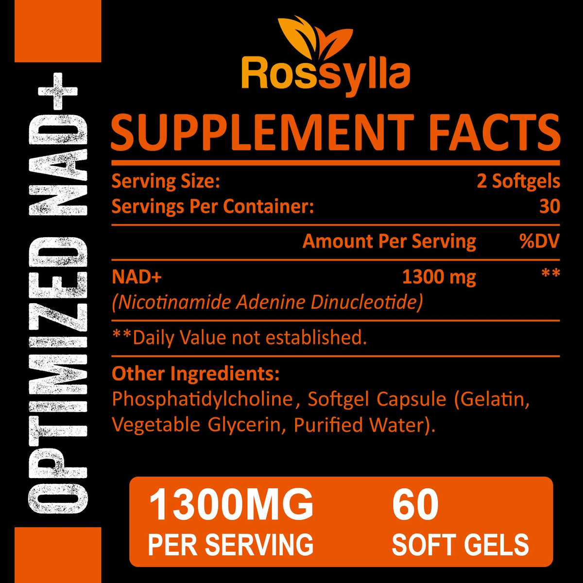 Rossylla Liposomal NAD+ Supplement, 1300 mg per Serving, NAD Plus Supplement with Liposomal Delivery, Supports Cellular Energy and Healthy Aging, 120 Softgels