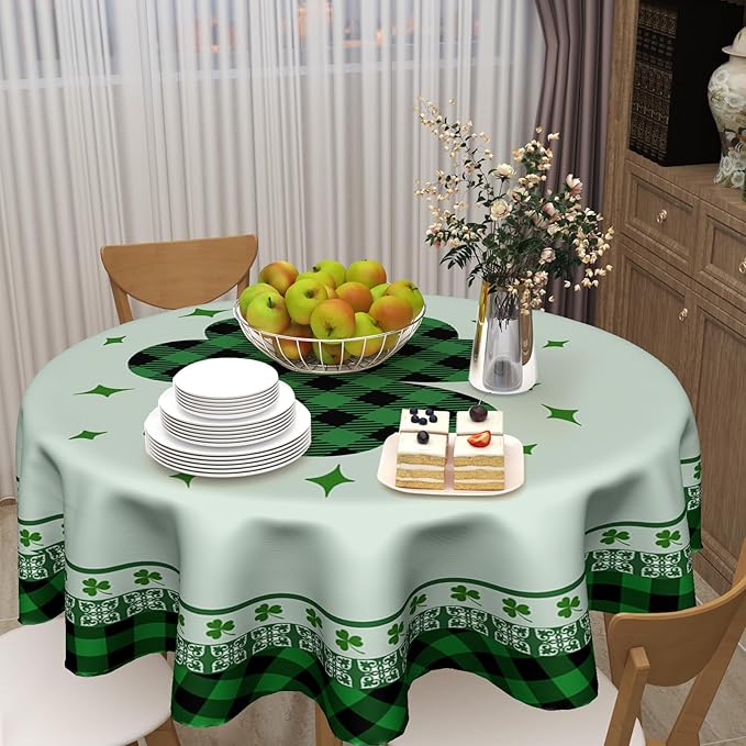 St Patricks Tablecloth Round 70 Inch Green Shamrock Tablecloth Buffalo Plaid Clover Table Cloth Farmhouse St Patrick's Day Tablecloth for Kitchen Holiday Picnic Party Dinner Room Outdoor Decor
