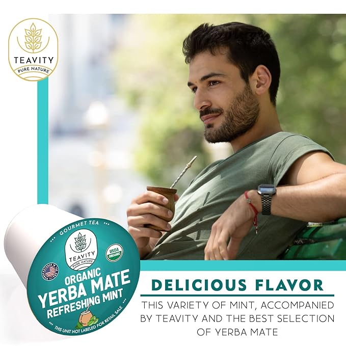 Organic Yerba Mate Refreshing Mint Tea Pods - Naturally Caffeinated Yerba Mate Tea Pod for Keurig Brewers by Teavity (12 Tea Pods)
