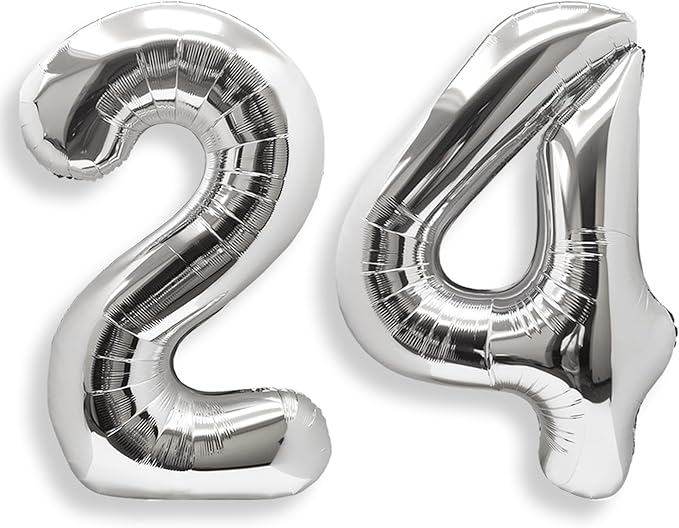 AULE 40 Inch Large 24 Balloon Numbers Silver, Big Foil Number Balloons, Giant Helium Happy 24th Birthday Party Decorations for Man and Women, Huge Mylar Anniversary Party Supplies