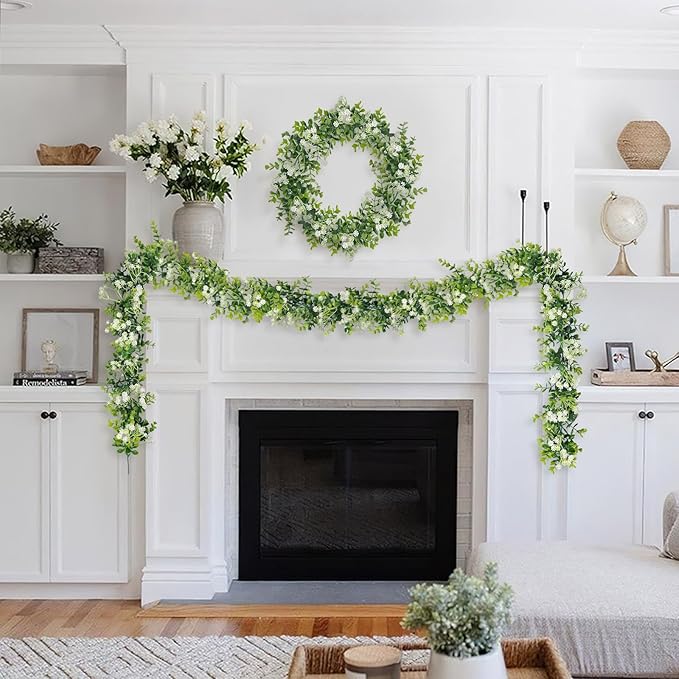 6FT Eucalyptus Garland with Flowers, 4 Pack Greenery Hanging Spring Eucalyptus Garland Suitable for Table Wedding Backdrop Arch Wall Party Thanksgiving UV Protected Indoor Outdoor Decorations