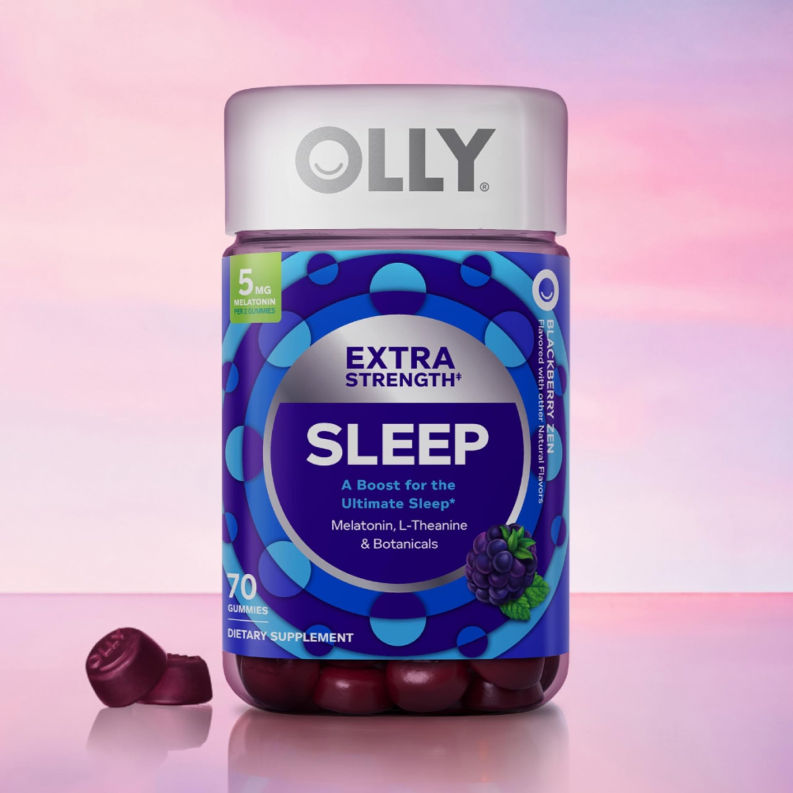 OLLY Extra Strength Sleep Gummy, Occasional Sleep Support, 5 mg Melatonin, L-Theanine, Chamomile, Lemon Balm Extracts, Sleep Aid, Blackberry Flavor - 70 Count (Packaging May Vary)