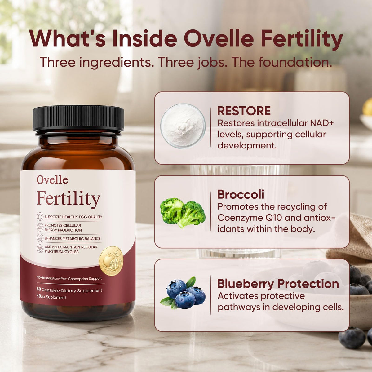 OVELLE FERTILITY Supplement for Women, Hormonal Balance & NAD+ Energy Support, 60 Vegetarian Capsules
