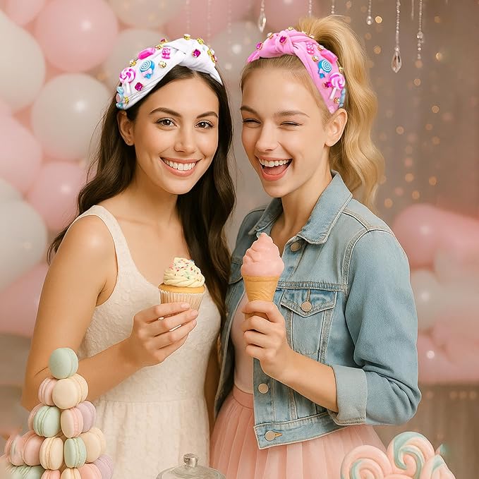 Candy Knotted Headbands for Women, Lollipop Sugar Charms Rhinestone Jeweled Wide Cute Headband for Girls, Fashion Hairband Hair Accessories Birthday Holiday Candyland Party Favors Gifts - White