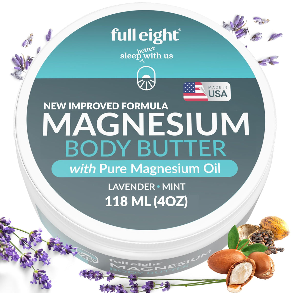 Full Eight Magnesium Body Butter with Pure Magnesium Oil – For Stiff Legs & Tight Muscles – Rub for Leg Cramps, Muscle Soreness, Improved Sleep, & Foot Revitalization – 4oz