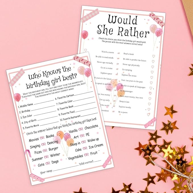 ALodr 20 Pcs Who Knows the Birthday Girl Best, Would She Rather Games for Girl Birthday Party, Funny Birthday Party Games, Double Sided, 5x7 Inches