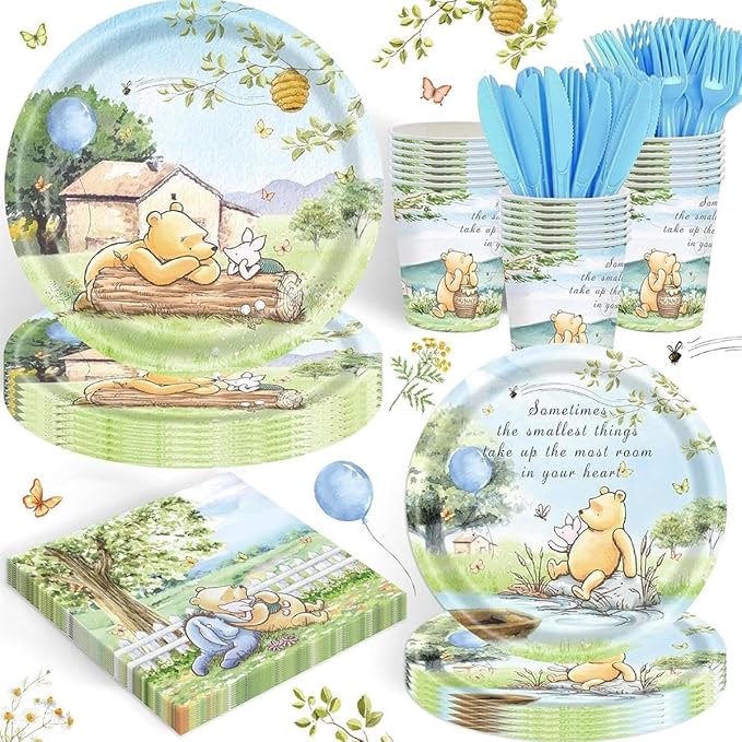 120PCS Winnie Baby Shower Party Supplies Babyshower 1st Party Decorations for Kids Girls Birthday Neutral Classic Bear Tableware Set Include Plates,Napkin,Cups,for 20 Guests