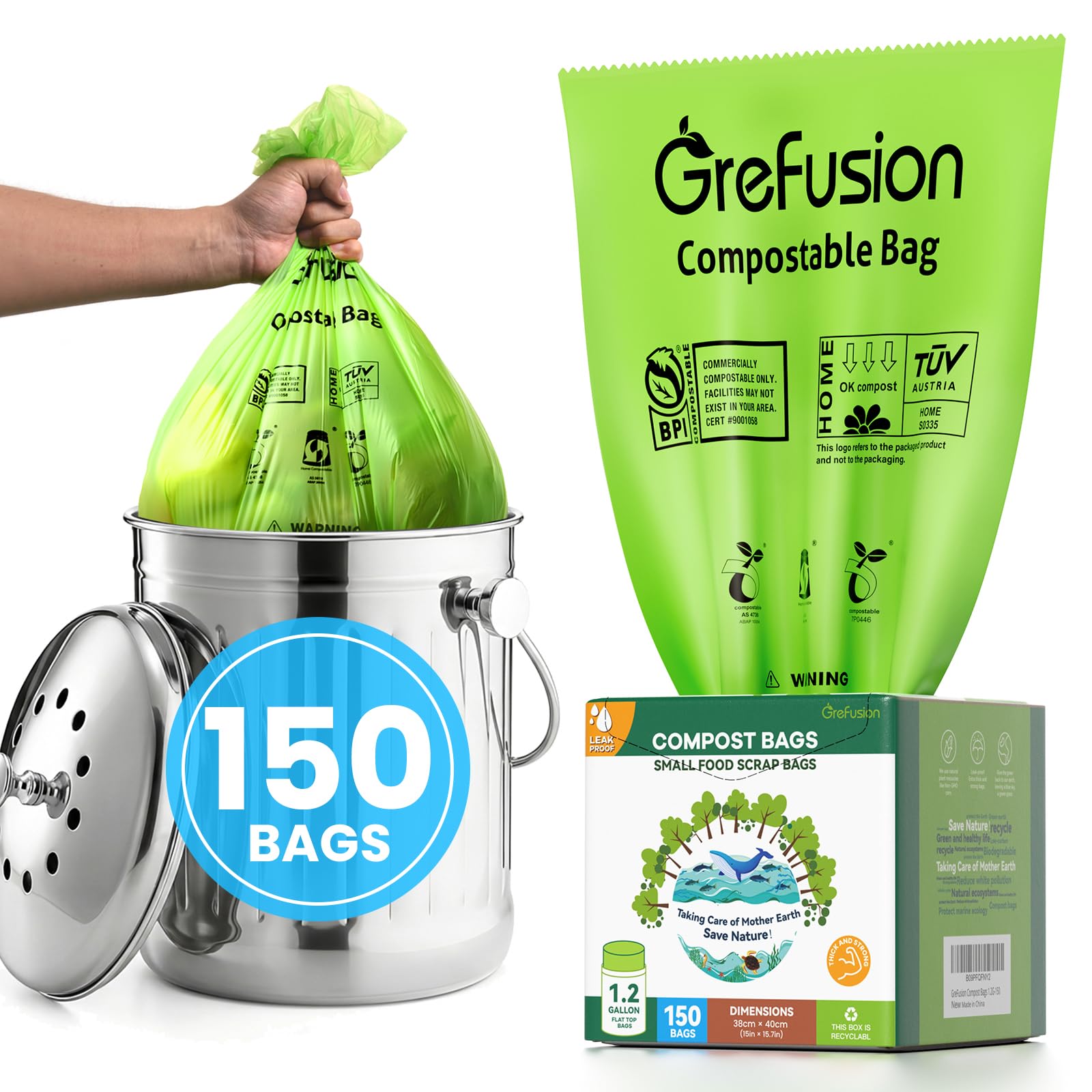 GreFusion Compostable Trash Bags for Kitchen Compost Bin 1.2 Gallon,150 Count,Compost Bags Small for Food Scrap Waste Bags for Countertop Bin Certified by BPI,ASTM D6400 and OK Compost
