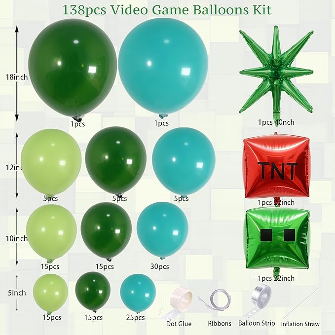 Video Game Balloon Arch Kit 138PCS Green Blue Balloon Arch Kit Pixel Theme Foil Block TNT Cube Balloons –Camo Gaming Party Decoration for Boy, Blue Green Black Garland for Gamer Birthday Game on Night
