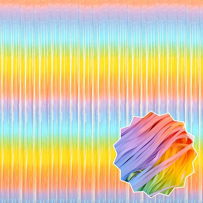 6 Pack Light Rainbow Foil Fringe Curtains Backdrop, 3.28 x 8.2 Ft Metallic Streamers Tinsel Curtains Background for Photo Booth, Birthday, Christmas, Halloween, New Year Party Decorations