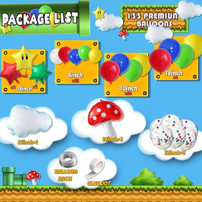 Red Blue Green Yellow Balloon Garland Kit with Confetti Cloud Mushroom Star Balloons for Bros Party Cartoon Video Game Theme Birthday Party Supplies