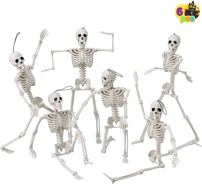 JOYIN 6 PCS 16" Halloween Skeleton Decor, Full Body Posable Movable Joints, Hanging Skeletons for Halloween Decoration Indoor Outdoor, Graveyard Haunted House Prop, Spooky Scene Party Favor