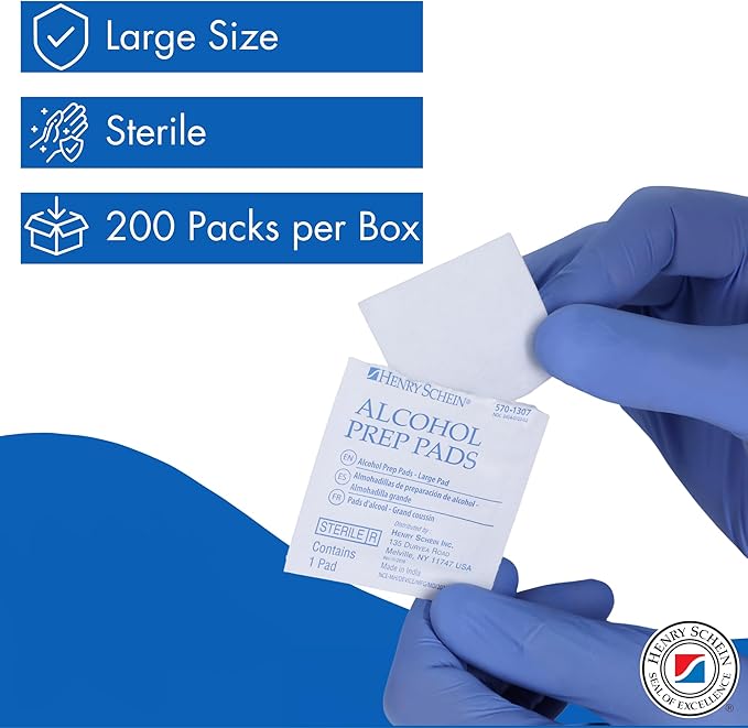 Henry Schein Large Alcohol Prep Pads (2 Boxes, 400 Total) – 70% Isopropyl Alcohol Wipes, Individually Wrapped – 2-Ply, Textured – Skin Prep Alcohol Swabs – Sterile Pads